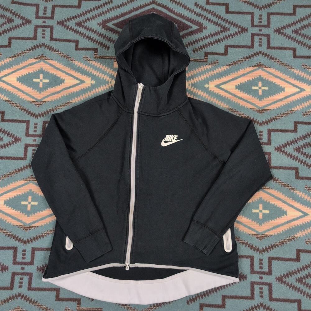 NIKE Tech Black and White Off Center Zipper Hoodie Size Women's Medium Swoosh
